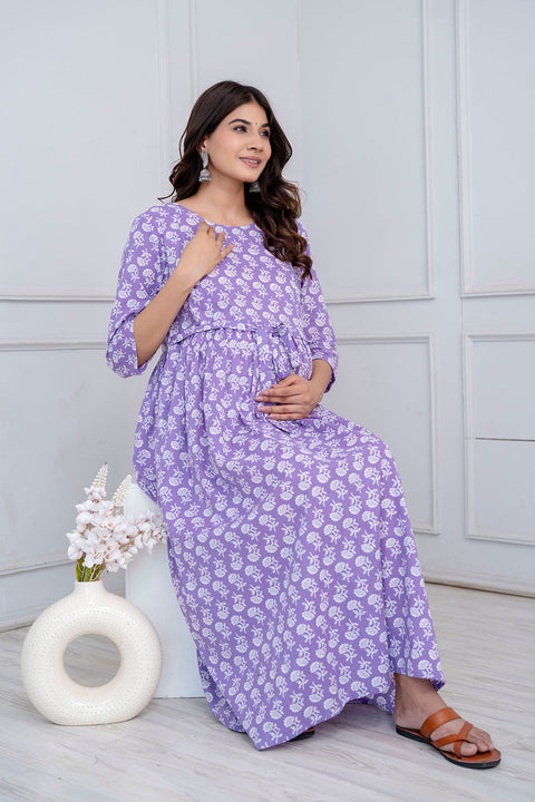 Nayo Purple Printed Maternity Dress For Women