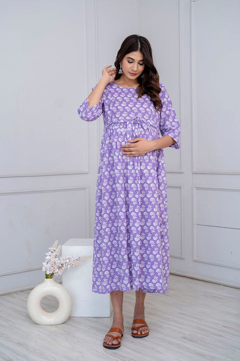 Nayo Purple Printed Maternity Dress For Women