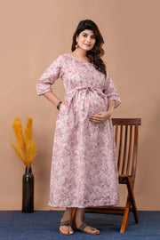 Nayo Pink Printed Maternity Dress For Women