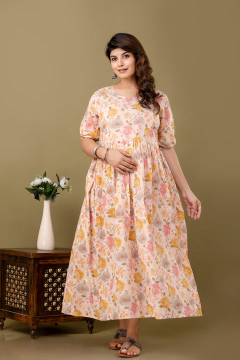 Nayo Pink Printed Maternity Dress For Women