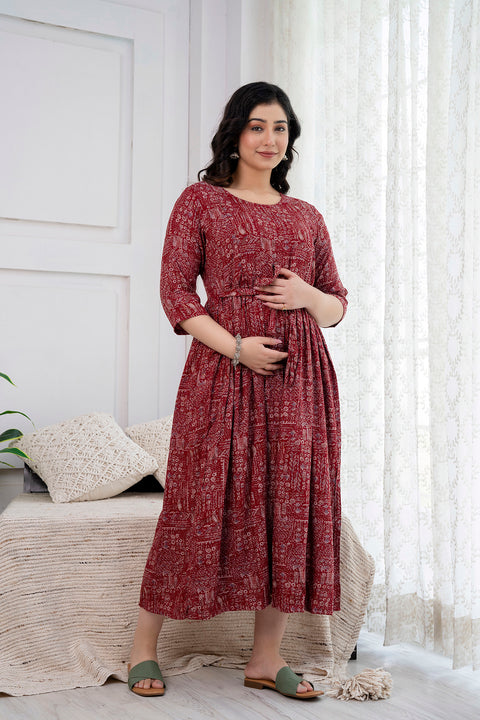 Navy Maroon Abstract Printed Maternity Dress For Women