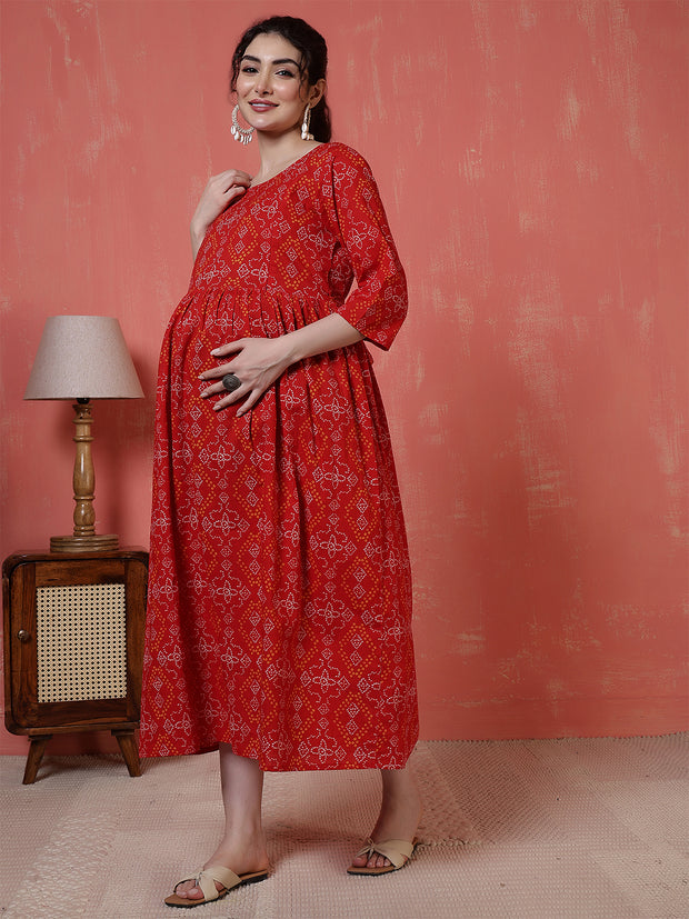 Nayo Red Printed Maternity Dress For Women