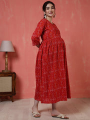 Nayo Red Printed Maternity Dress For Women