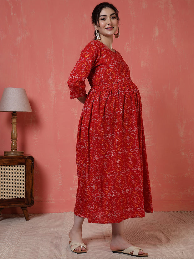 Nayo Red Printed Maternity Dress For Women