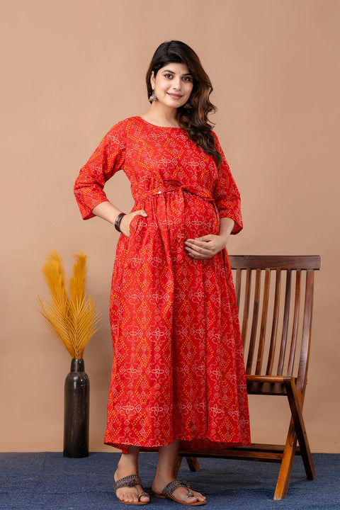 Nayo Red Printed Maternity Dress For Women