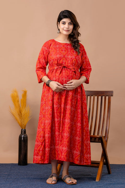 Nayo Red Printed Maternity Dress For Women