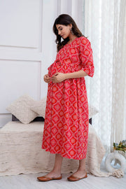 Nayo Red Printed Maternity Dress For Women