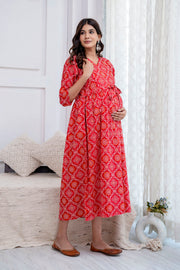 Nayo Red Printed Maternity Dress For Women