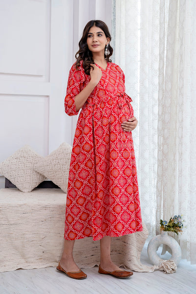 Nayo Red Printed Maternity Dress For Women