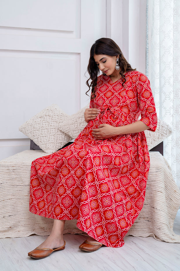 Nayo Red Printed Maternity Dress For Women