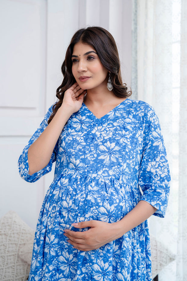 Nayo Blue Printed Maternity Dress For Women