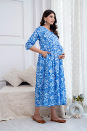 Nayo Blue Printed Maternity Dress For Women