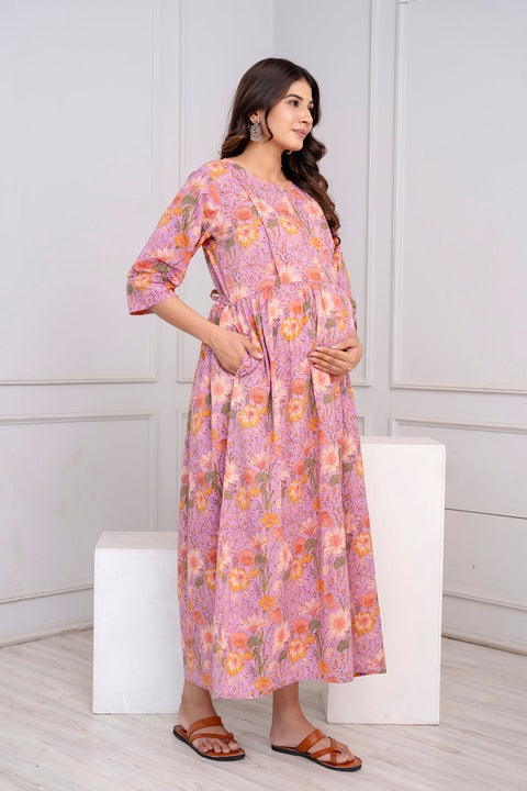 Nayo Purple Printed Maternity Dress For Women