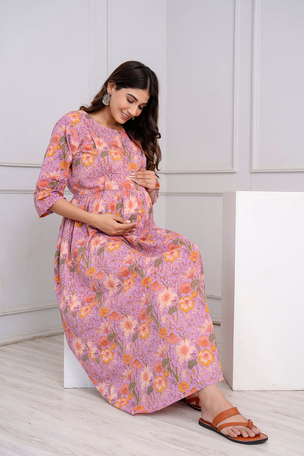 Nayo Purple Printed Maternity Dress For Women