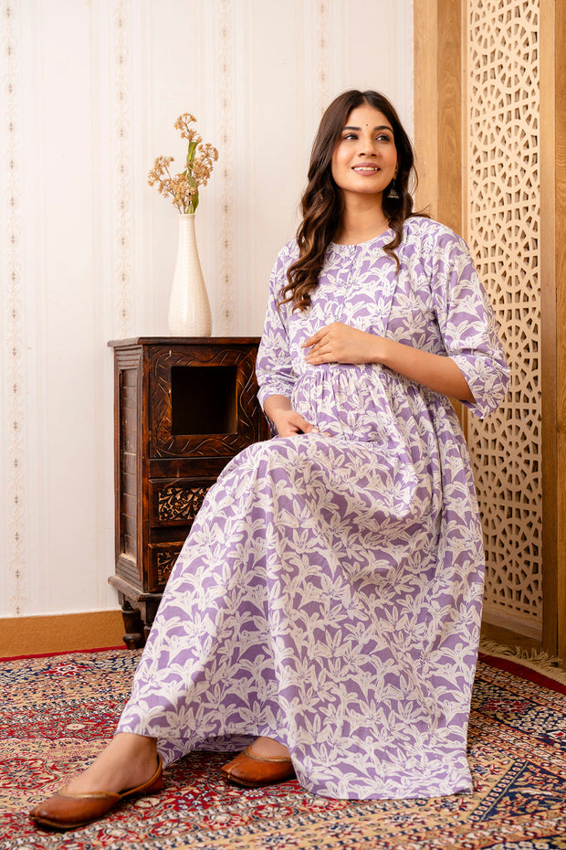 Nayo Purple Printed Maternity Dress For Women