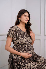 Nayo Brown Printed Maternity Dress For Women