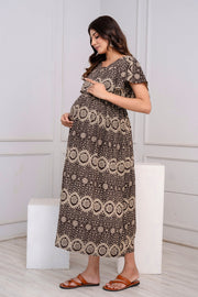 Nayo Brown Printed Maternity Dress For Women