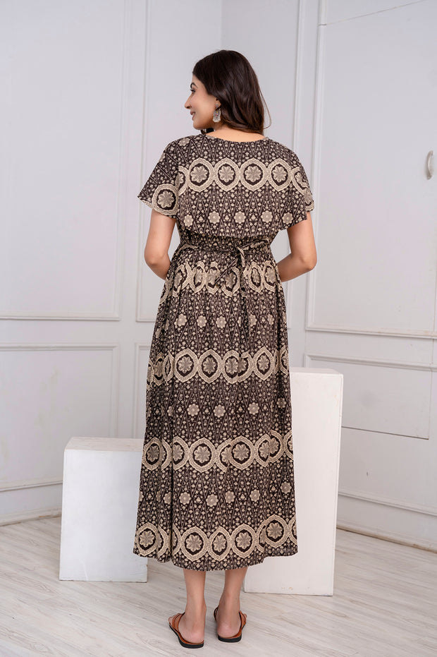 Nayo Brown Printed Maternity Dress For Women