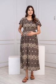 Nayo Brown Printed Maternity Dress For Women