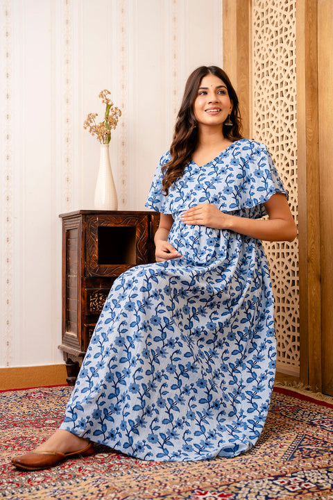 Nayo Blue Printed Maternity Dress For Women