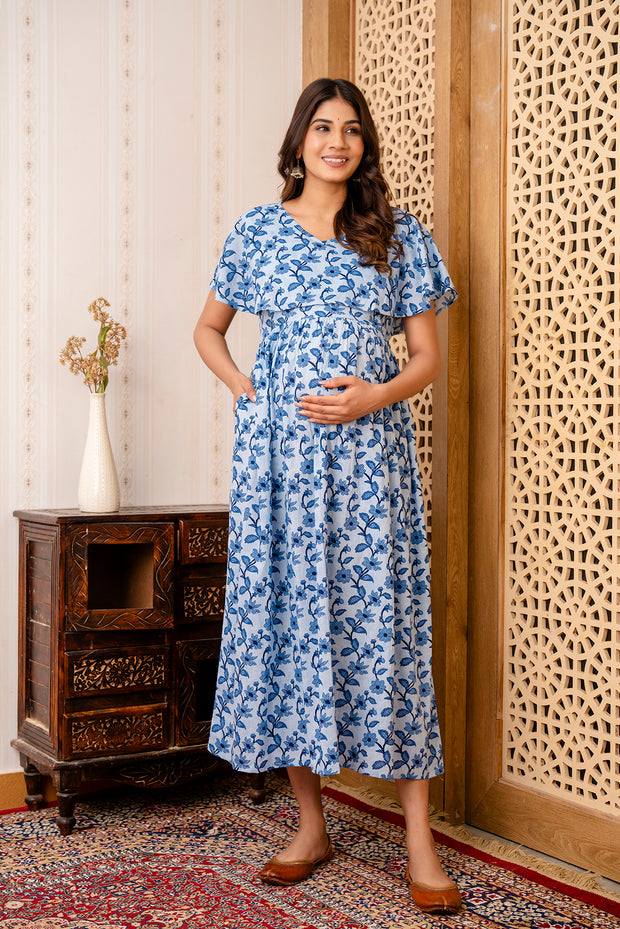 Nayo Blue Printed Maternity Dress For Women