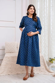 Nayo Blue Printed Maternity Dress For Women