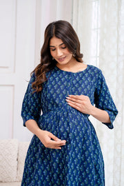 Nayo Blue Printed Maternity Dress For Women