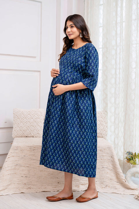 Nayo Blue Printed Maternity Dress For Women