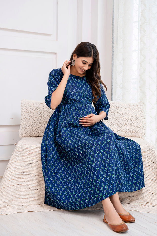 Nayo Blue Printed Maternity Dress For Women