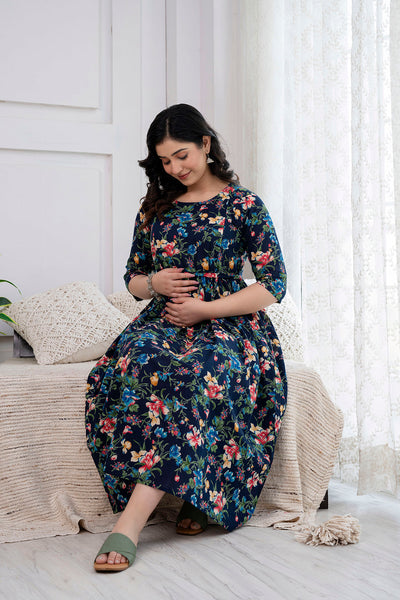 Nayo Navy Blue Printed Maternity Dress For Women