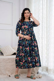 Nayo Navy Blue Printed Maternity Dress For Women