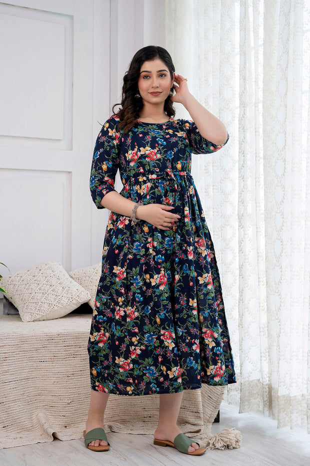 Nayo Navy Blue Printed Maternity Dress For Women