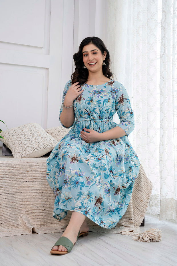 Nayo Blue Printed Maternity Dress For Women