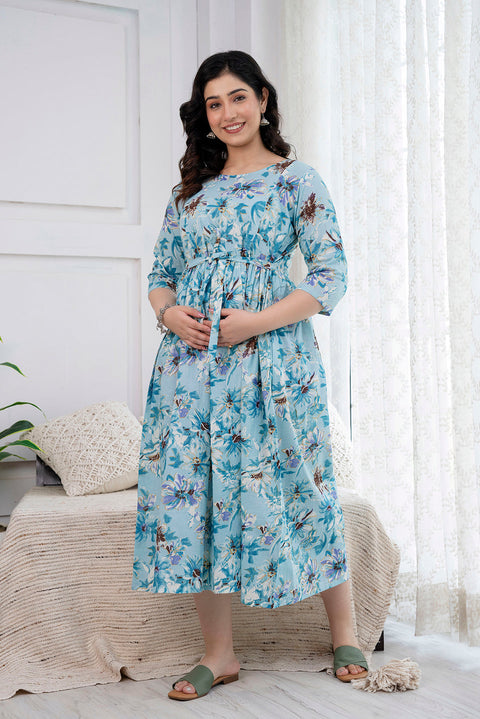 Nayo Blue Printed Maternity Dress For Women