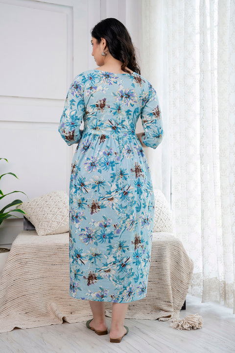 Nayo Blue Printed Maternity Dress For Women