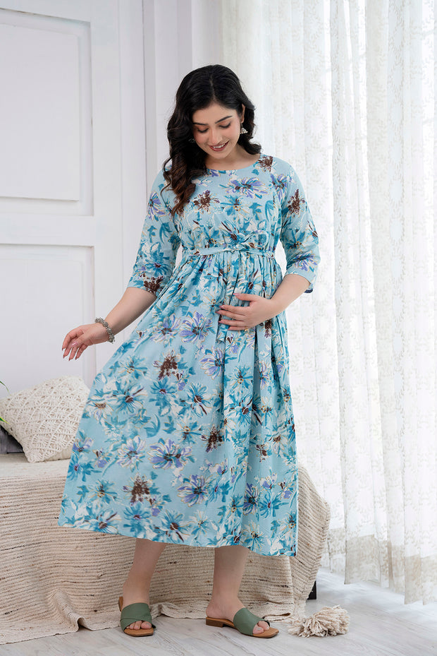 Nayo Blue Printed Maternity Dress For Women