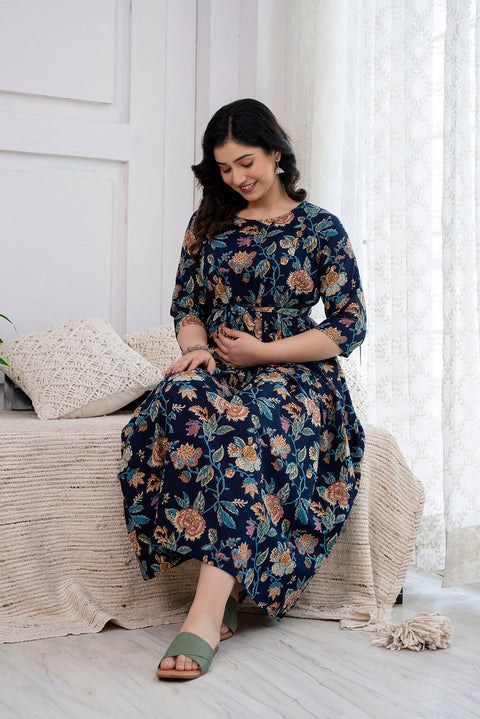 Nayo Navy Blue Printed Maternity Dress For Women