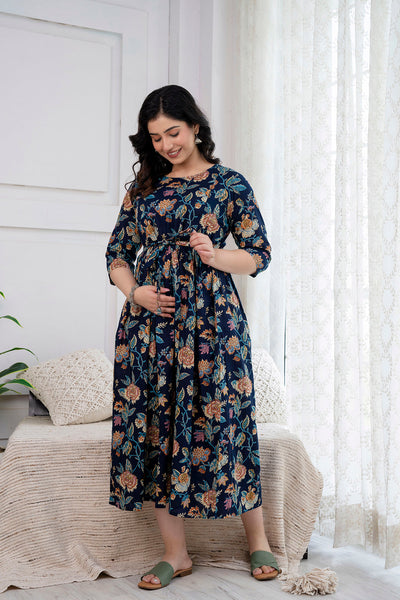 Nayo Navy Blue Printed Maternity Dress For Women