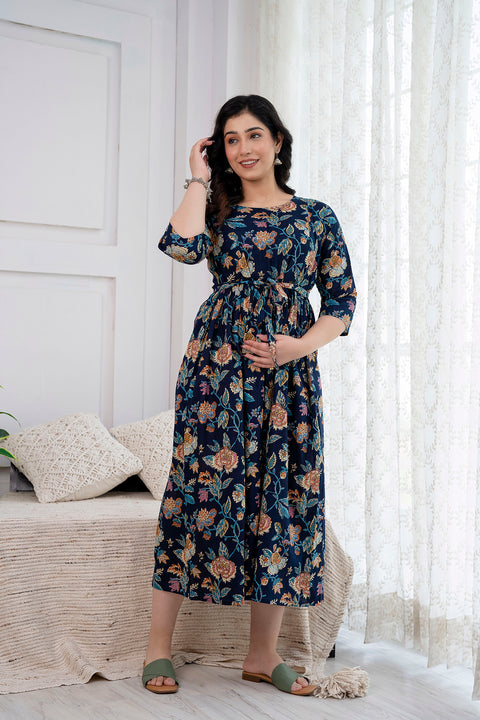 Nayo Navy Blue Printed Maternity Dress For Women