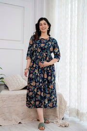 Nayo Navy Blue Printed Maternity Dress For Women