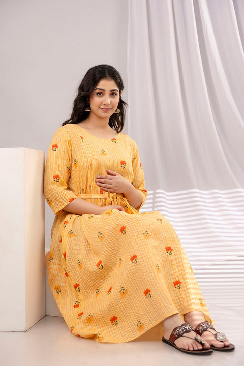 Nayo Yellow Printed Maternity Dress For Women