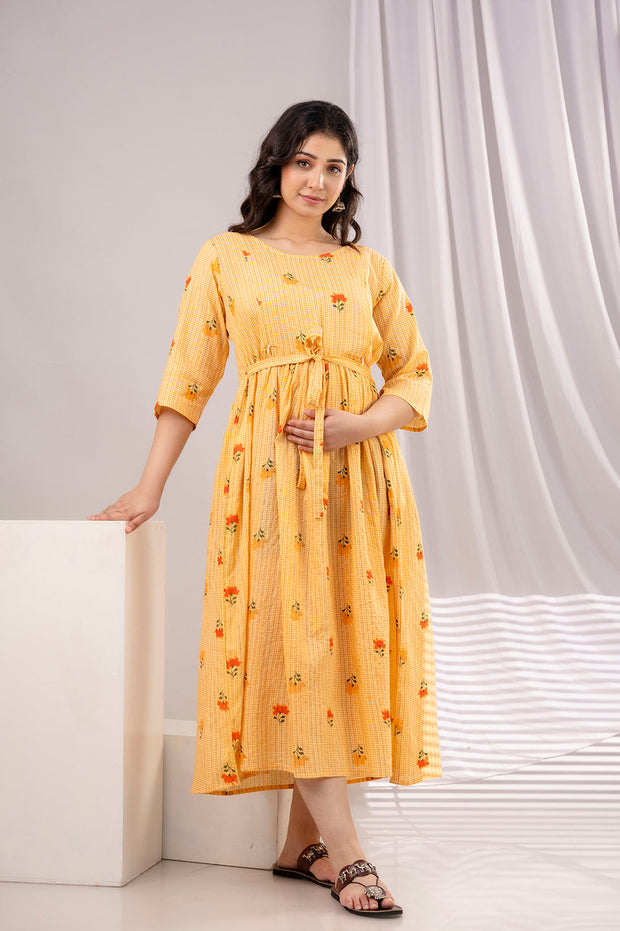 Nayo Yellow Printed Maternity Dress For Women