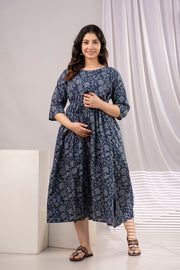 Nayo Navy Blue Printed Maternity Dress For Women