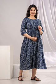 Nayo Navy Blue Printed Maternity Dress For Women