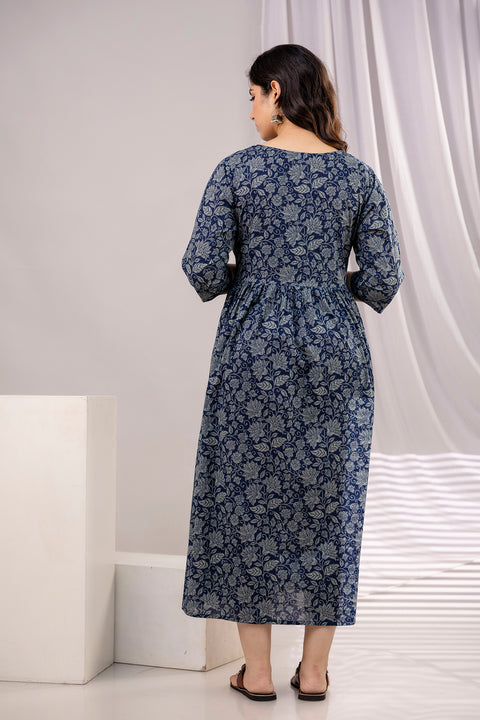 Nayo Navy Blue Printed Maternity Dress For Women