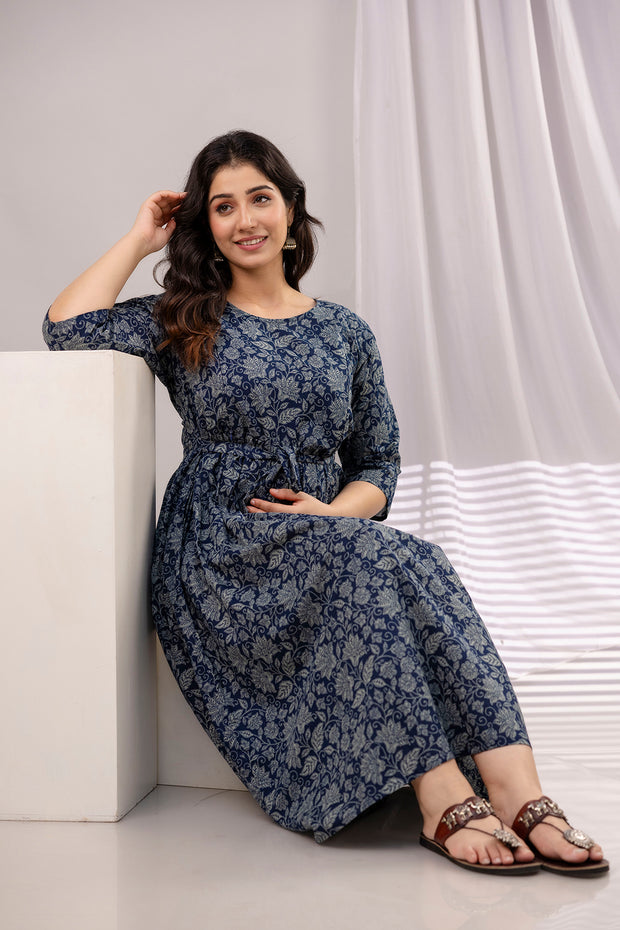 Nayo Navy Blue Printed Maternity Dress For Women