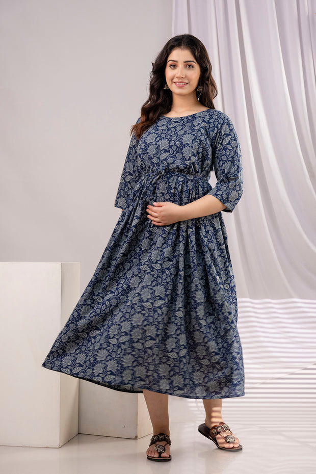 Nayo Navy Blue Printed Maternity Dress For Women