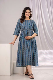 Nayo Navy Blue Printed Maternity Dress For Women