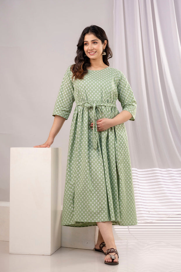 Nayo Green Printed Maternity Dress For Women