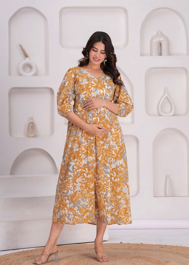 Mustard Printed Flared Maternity Dress for Women